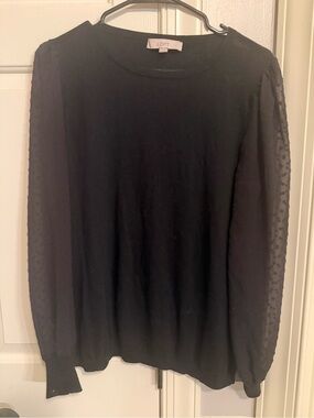 LOFT Black Crewneck Sweater with Sheer Dotted Sleeves